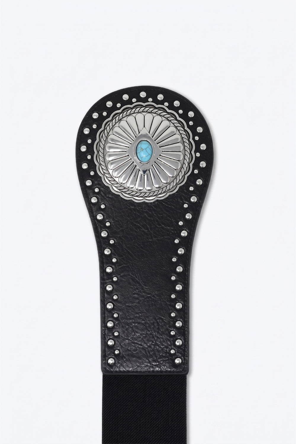 Black Faux Leather Silver Studded Turquoise Concho Wide Belt - Belts