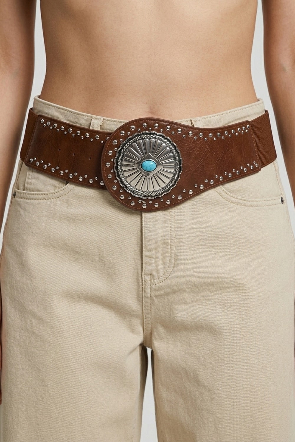 Brown Faux Leather Silver Studded Turquoise Buckle Wide Belt