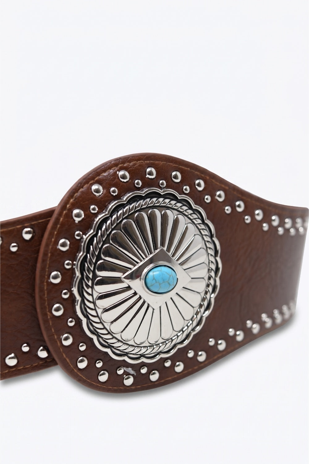 Brown Faux Leather Silver Studded Turquoise Buckle Wide Belt
