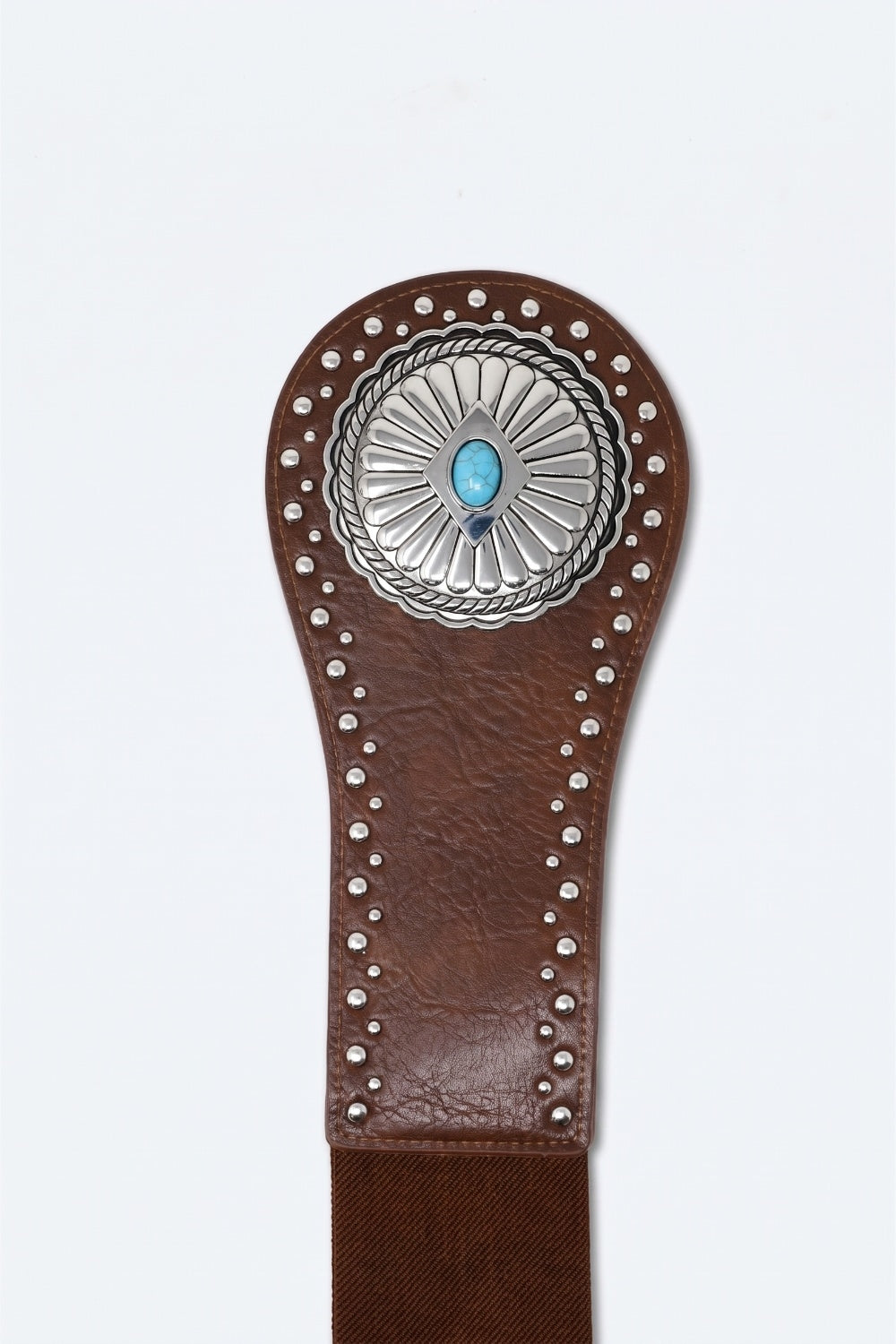 Brown Faux Leather Silver Studded Turquoise Buckle Wide Belt