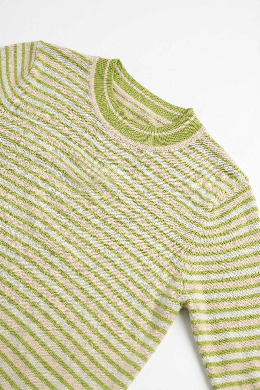 Short-Sleeve Striped Sweater in green and cream