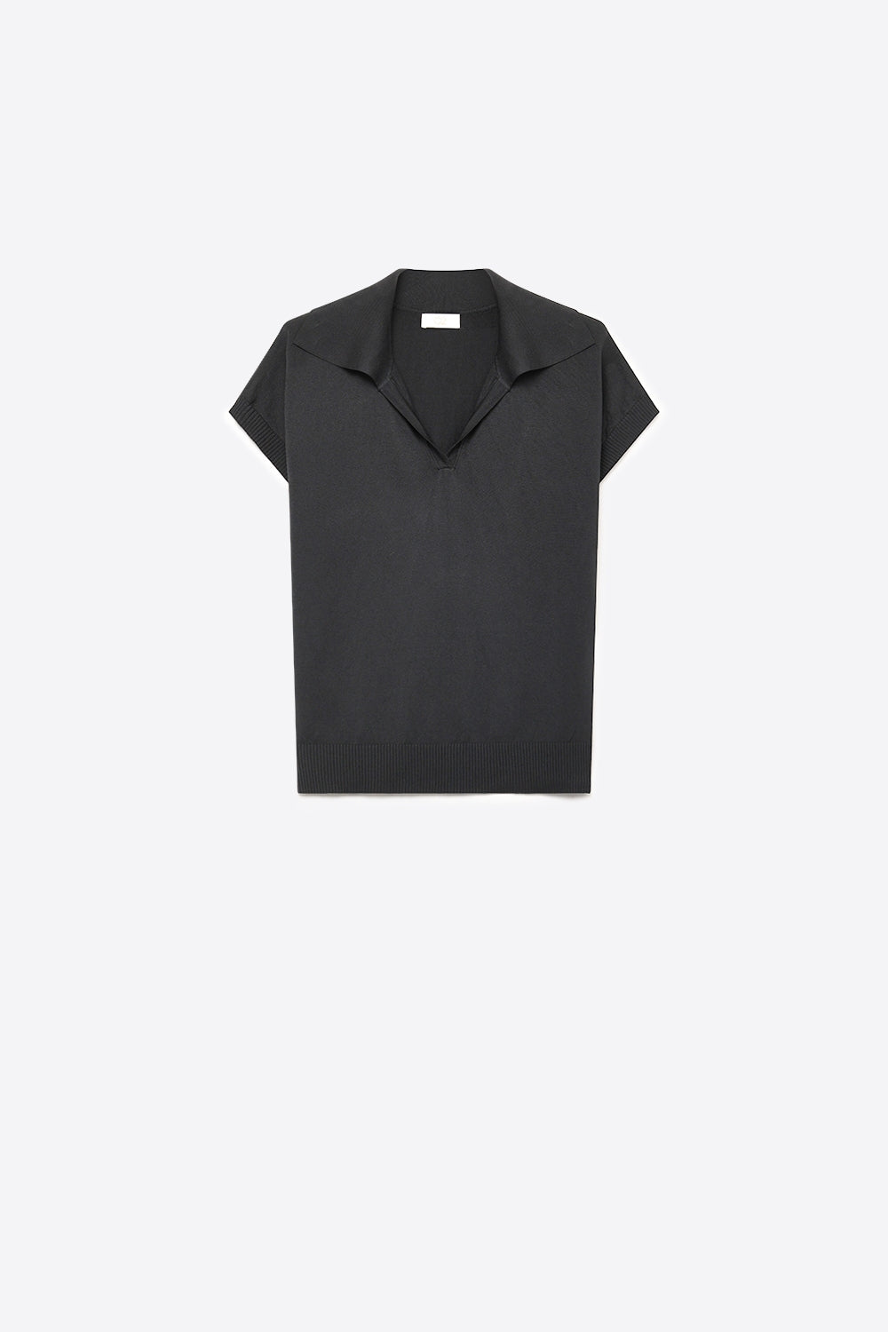 Black Fine Knit Polo Collar Rib Hem Regular Fit Top