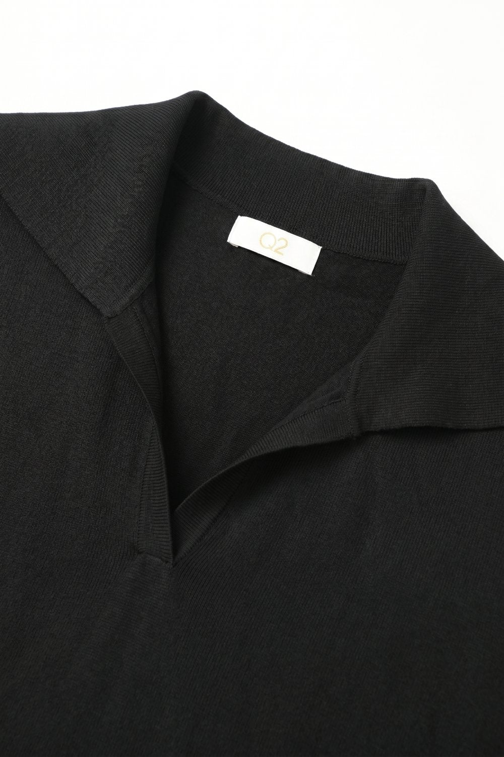 Black Fine Knit Polo Collar Rib Hem Regular Fit Top