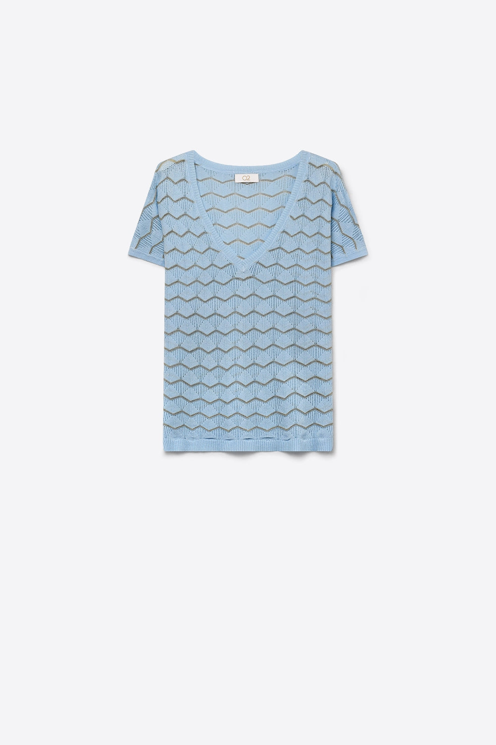 Light Blue Chevron Pattern Fine Knit V-Neck Short Sleeve Top