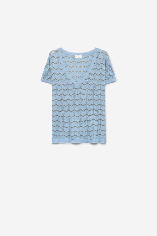 Light Blue Chevron Pattern Fine Knit V-Neck Short Sleeve Top