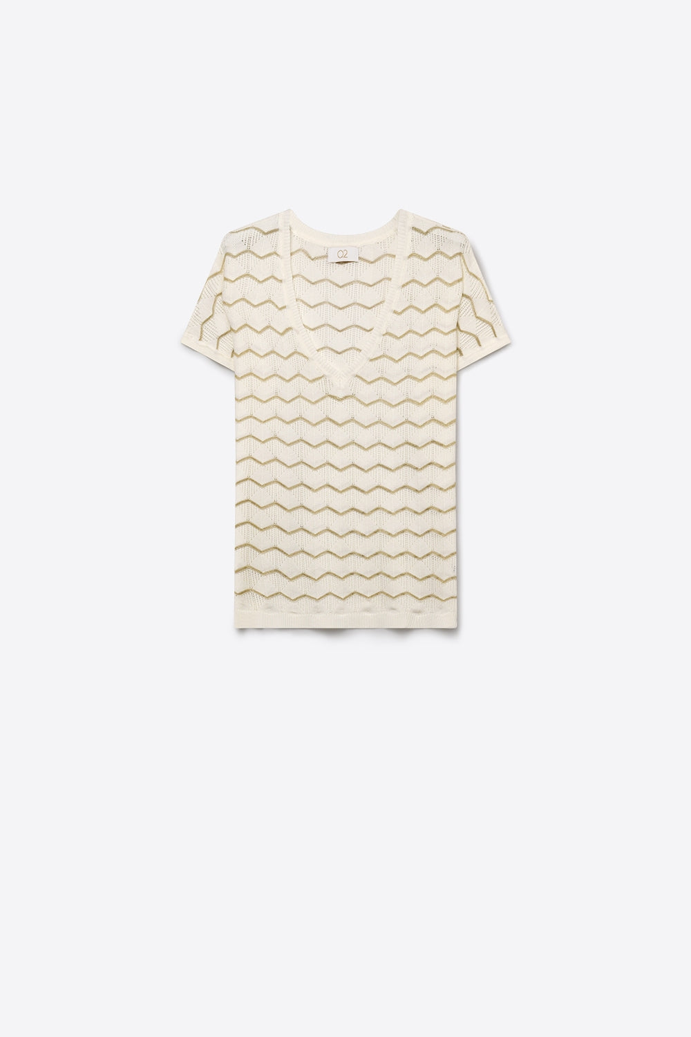 Cream Geo Knit V-Neck Short Sleeve Regular Fit Top
