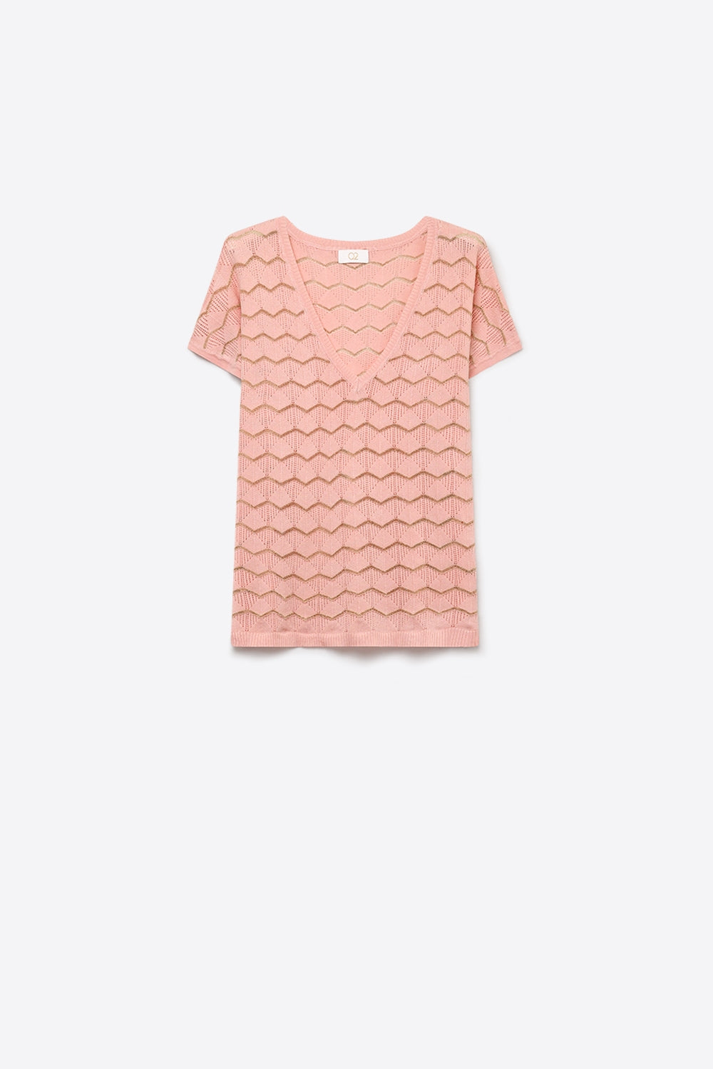 Light Pink Chevron Fine Knit V-Neck Short Sleeve Top