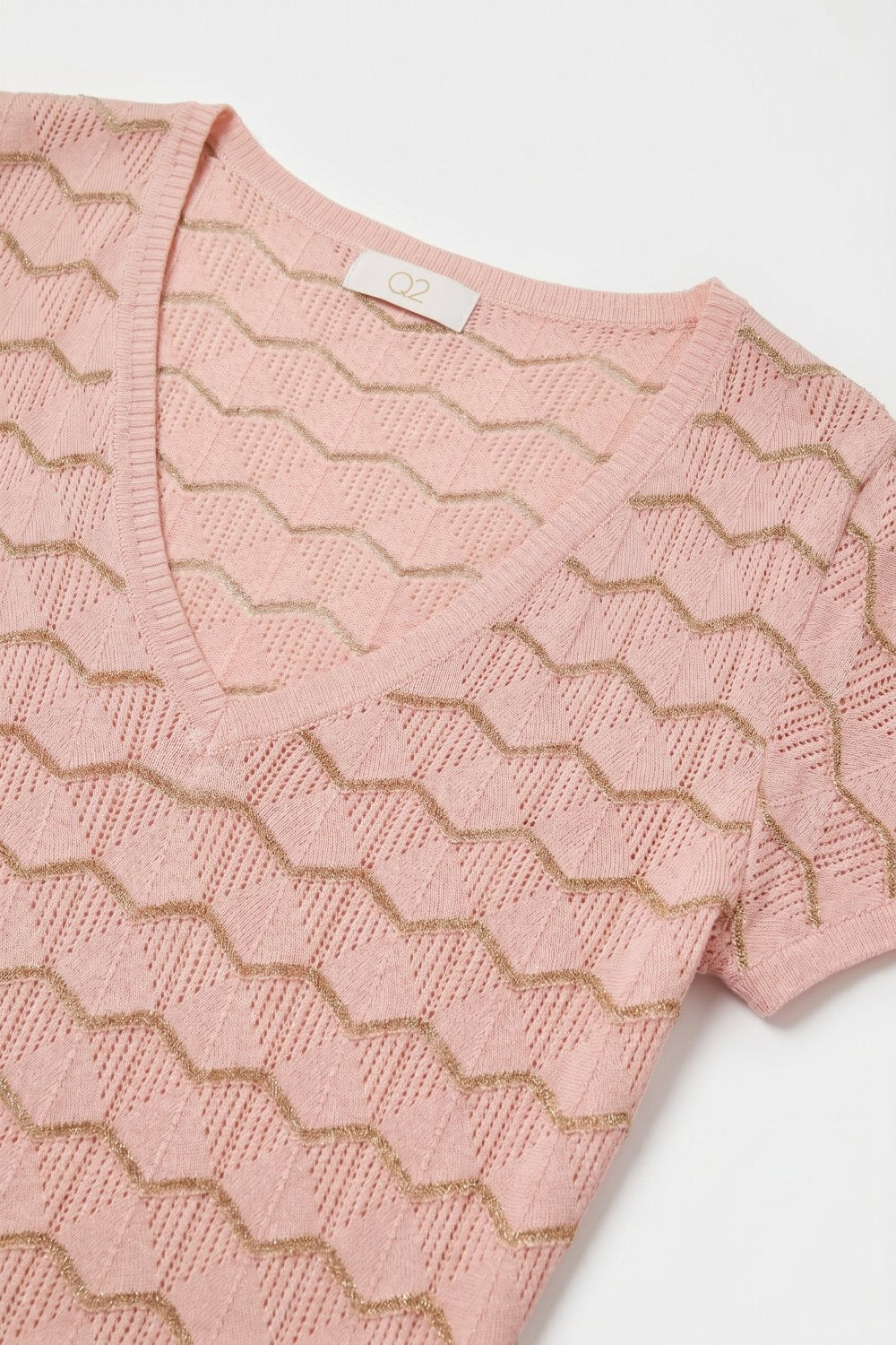 Light Pink Chevron Fine Knit V-Neck Short Sleeve Top