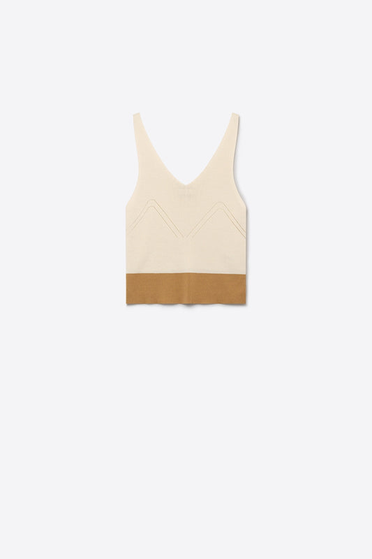 Beige Colorblock Ribbed Knit V-Neck Cropped Tank Top