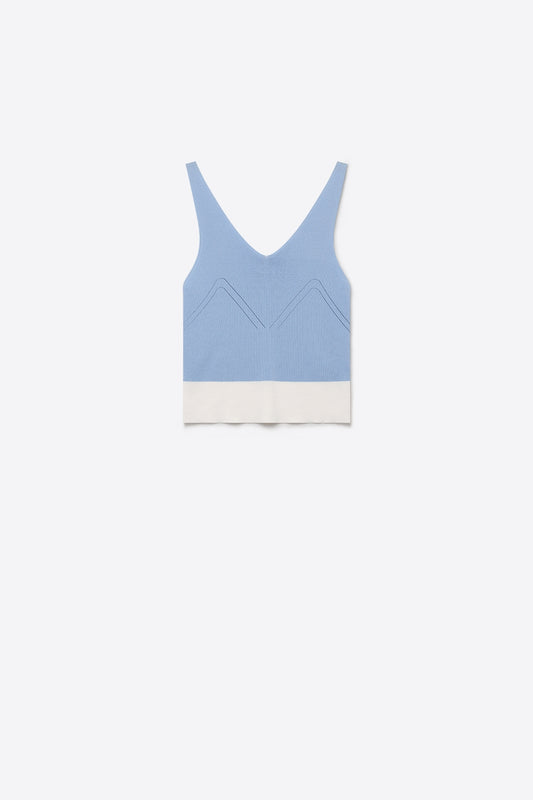 Light Blue Ribbed Knit Contrast Hem V-Neck Cropped Tank Top