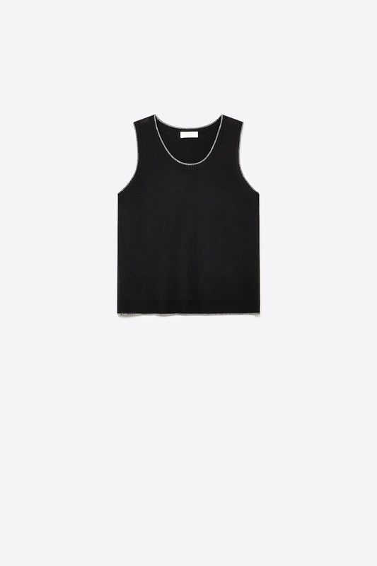 Black Ribbed Knit Contrast Seam Regular Fit Tank Top