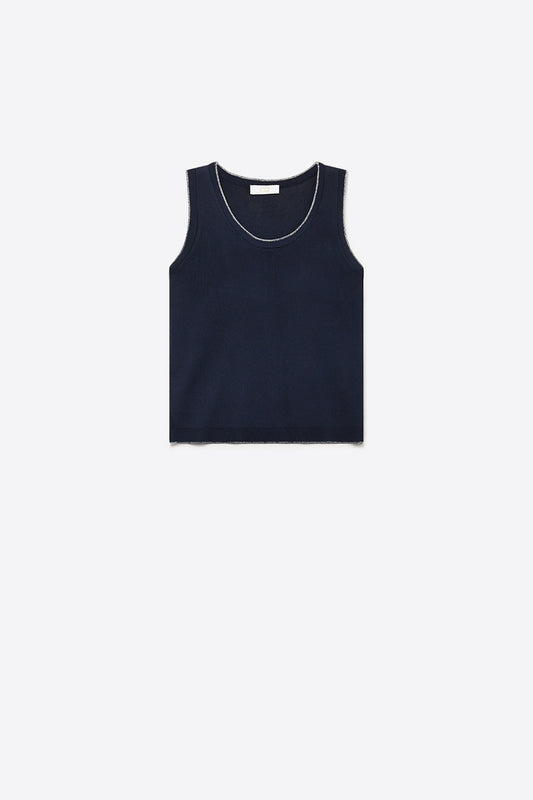 Navy Fine Knit Metallic Trim Regular Fit Tank Top