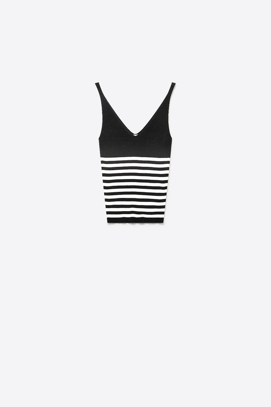 Black Stripe Ribbed Knit V-Neck Fitted Cropped Tank Top - Tops