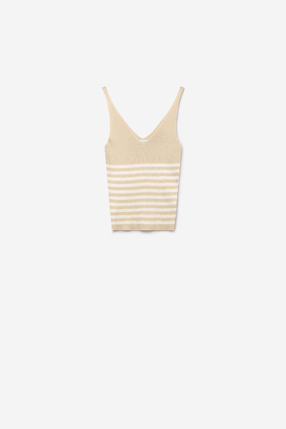 Beige Stripe Ribbed Knit V-Neck Fitted Tank Top