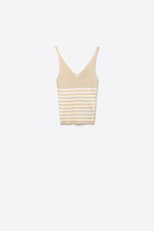 Beige Stripe Ribbed Knit V-Neck Fitted Tank Top
