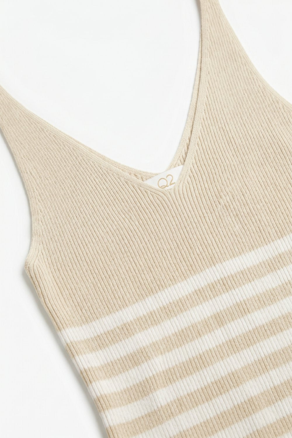 Beige Stripe Ribbed Knit V-Neck Fitted Tank Top