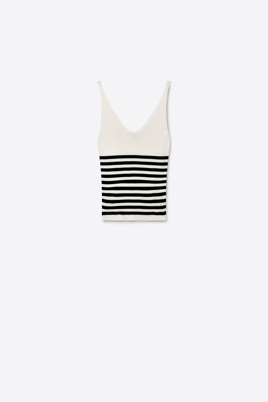 White Stripe Ribbed Knit V-Neck Fitted Tank Top - Tops