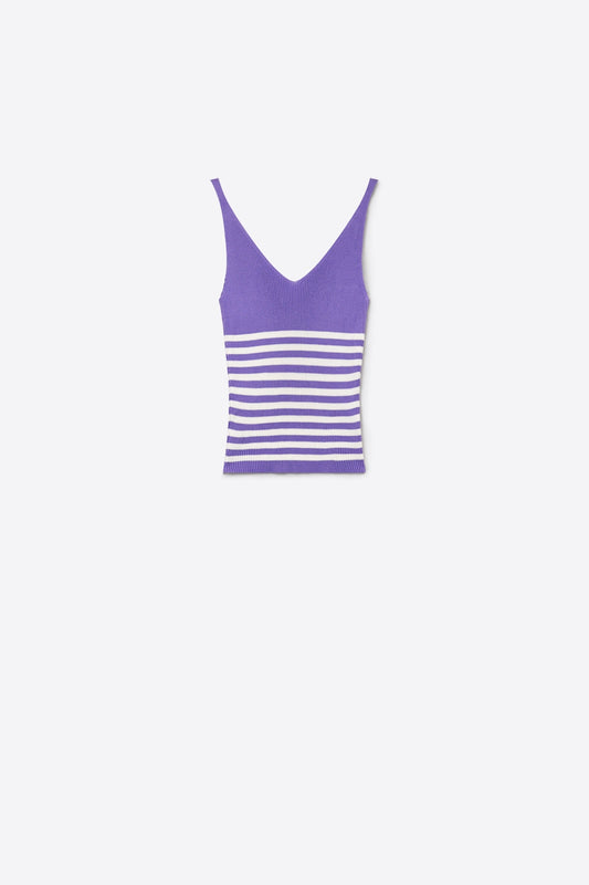 Lilac Stripe Ribbed Knit V-Neck Cropped Tank Top
