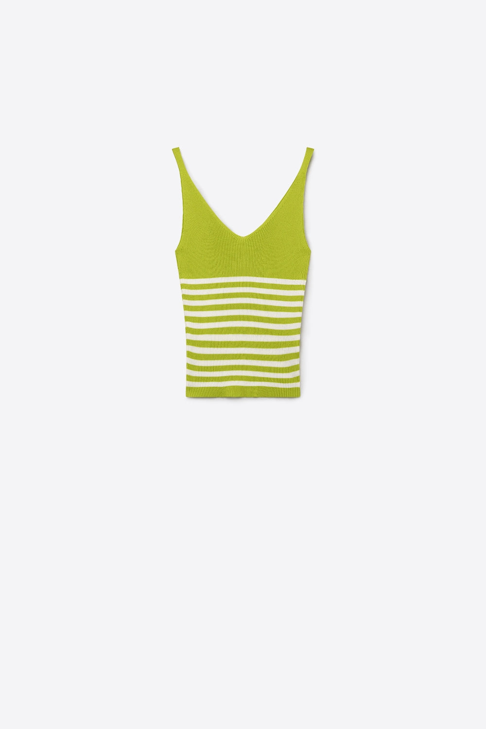 Green White Stripe Ribbed Knit V-Neck Fitted Tank Top