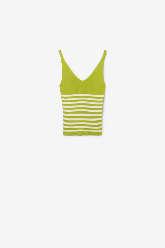 Green White Stripe Ribbed Knit V-Neck Fitted Tank Top