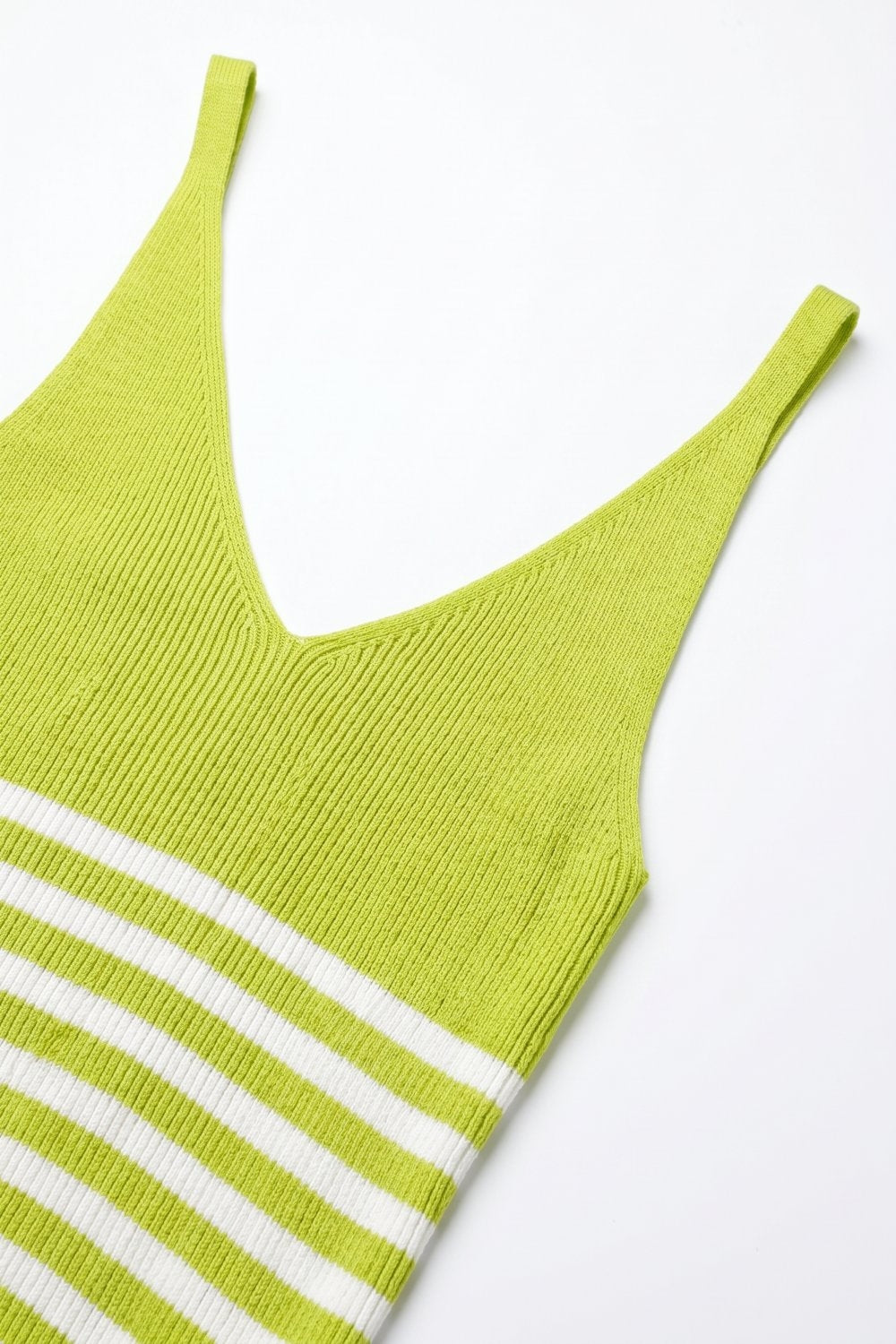 Green White Stripe Ribbed Knit V-Neck Fitted Tank Top