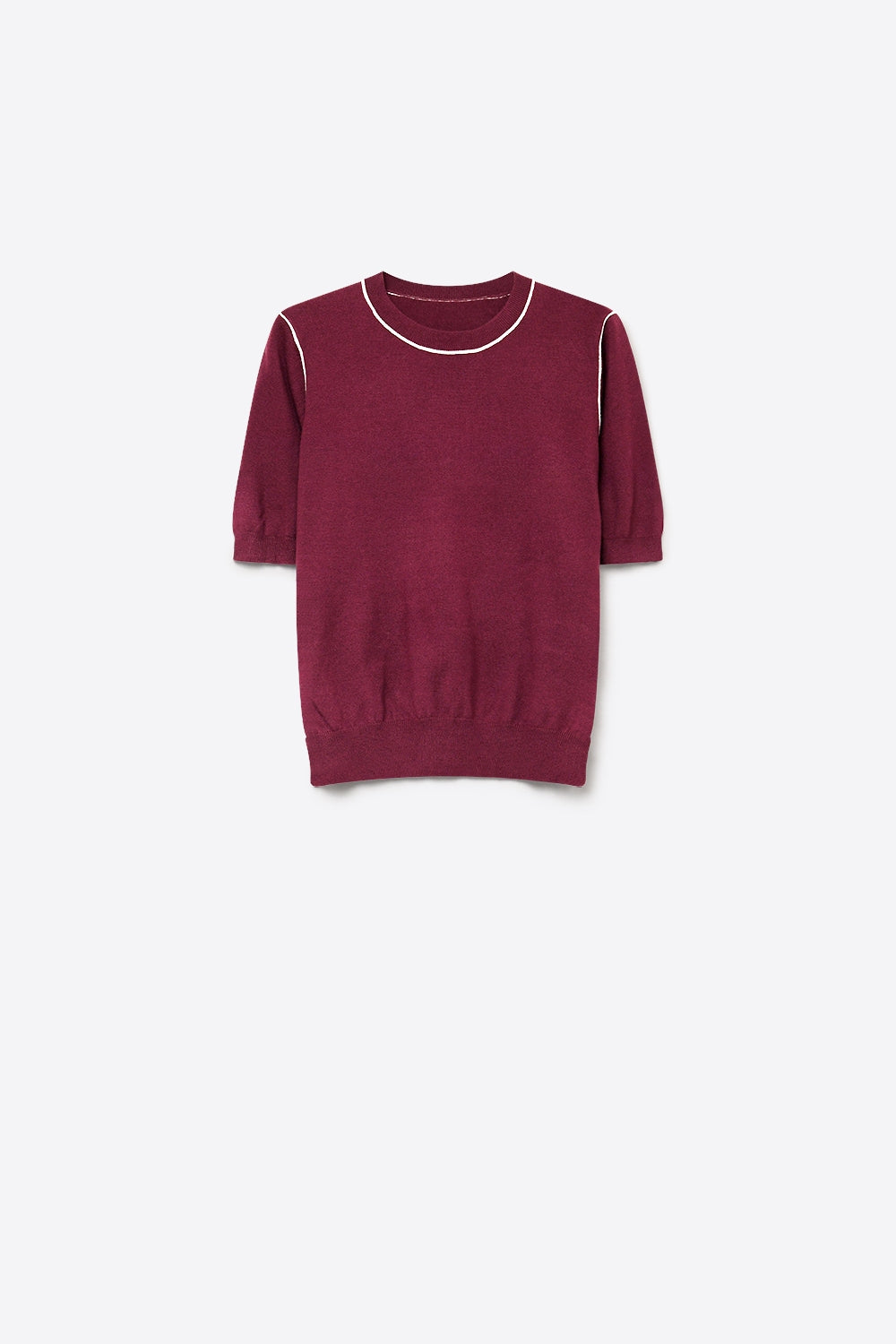 Burgundy Fine Knit Contrast Stitch Short Sleeve Crew Neck sweater - Jumpers