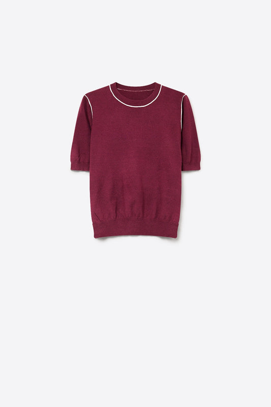 Burgundy Fine Knit Contrast Stitch Short Sleeve Crew Neck sweater - Jumpers