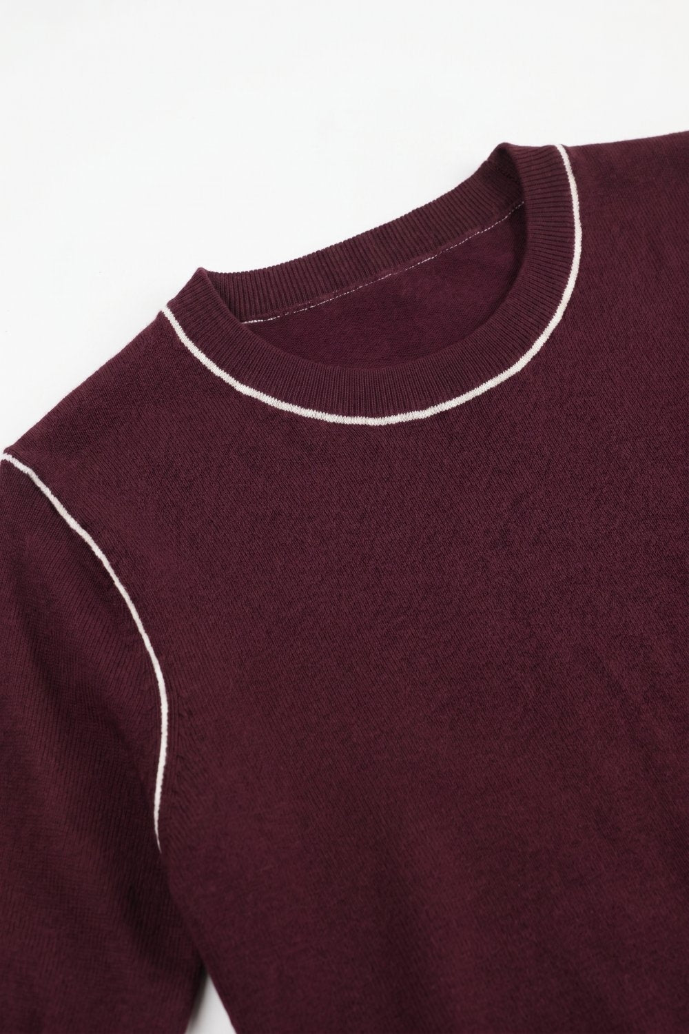 Burgundy Fine Knit Contrast Stitch Short Sleeve Crew Neck sweater - Jumpers
