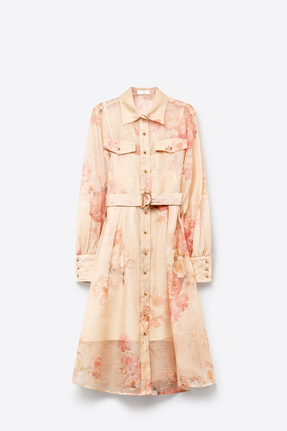 Beige Floral Print Chiffon Belted Midi Shirt Dress with Gold Buttons - dress