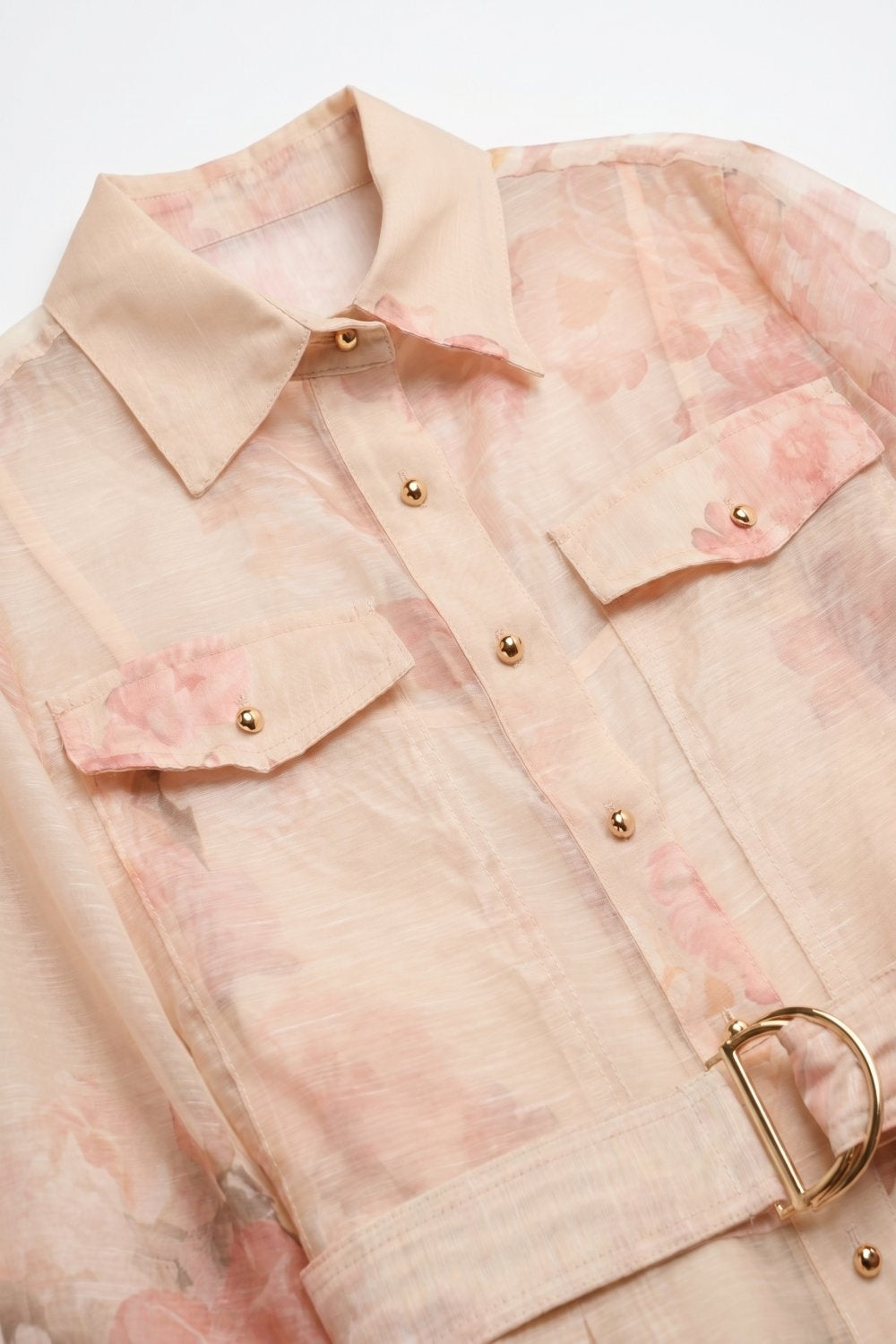 Beige Floral Print Chiffon Belted Midi Shirt Dress with Gold Buttons - dress