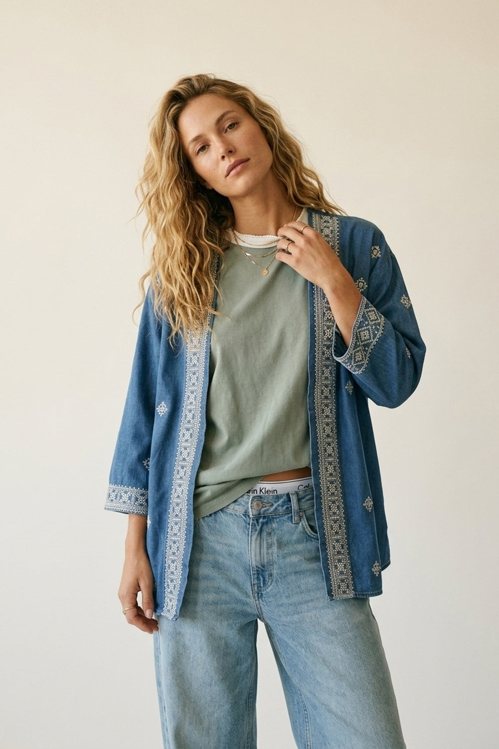 Blue Embroidered Open-Front Kimono with White Trim