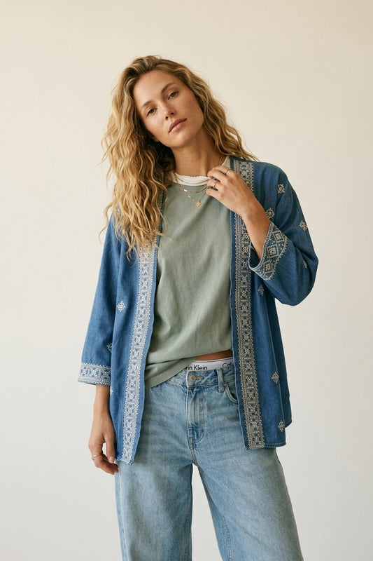 Blue Embroidered Open-Front Kimono with White Trim - blazer