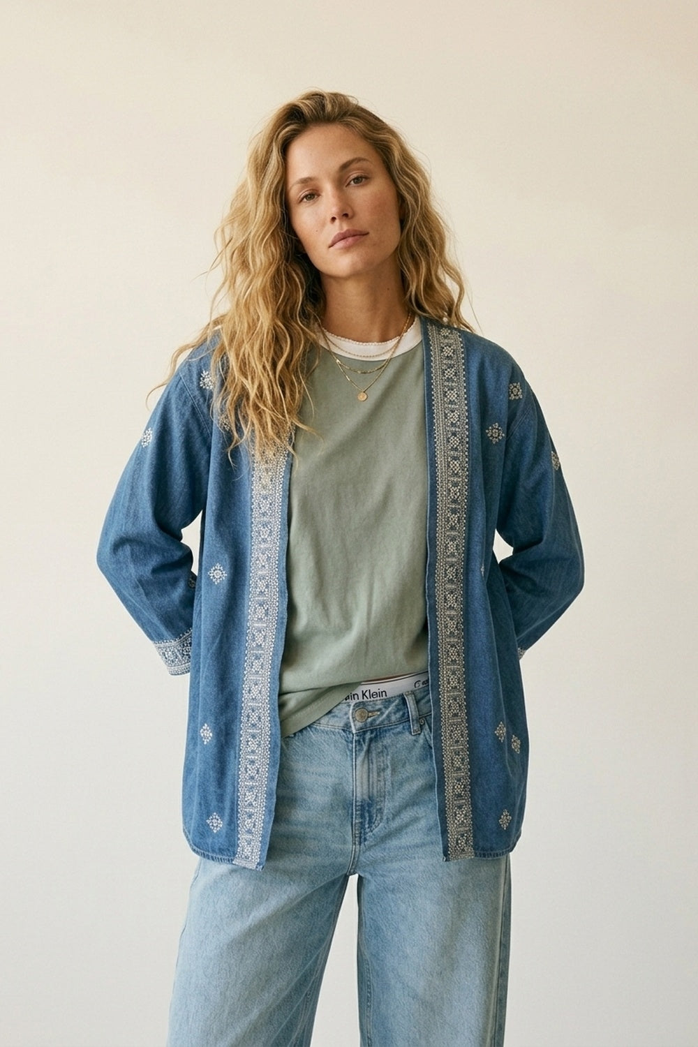 Blue Embroidered Open-Front Kimono with White Trim - blazer
