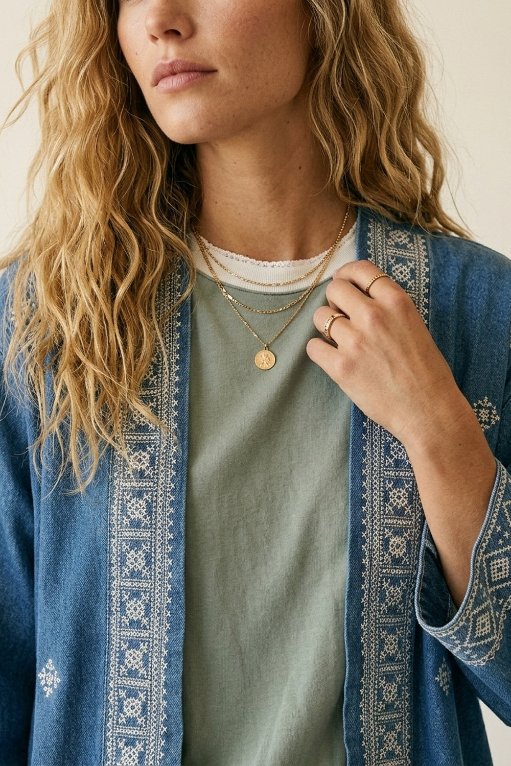 Blue Embroidered Open-Front Kimono with White Trim - blazer