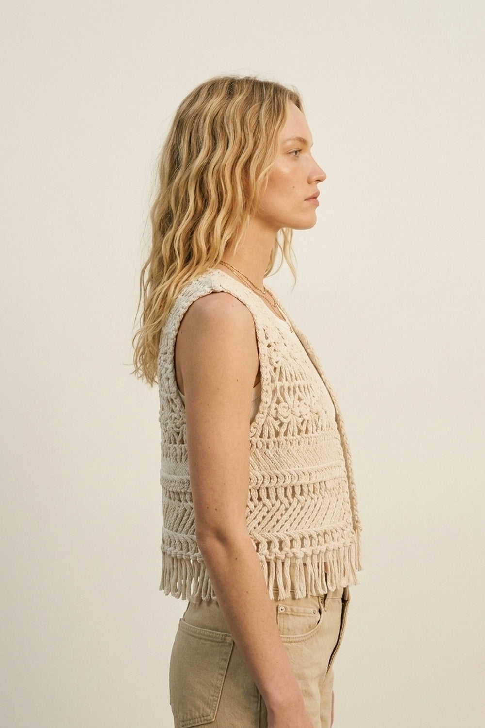 Cropped Fringe Open-Knit Vest - top