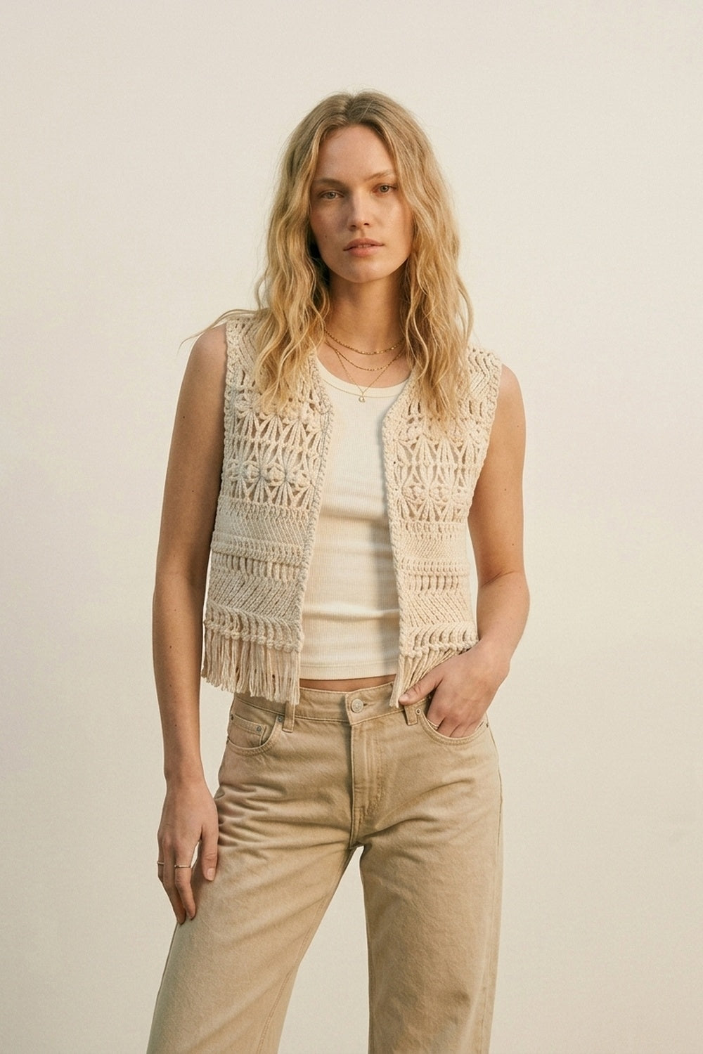 Cropped Fringe Open-Knit Vest - top
