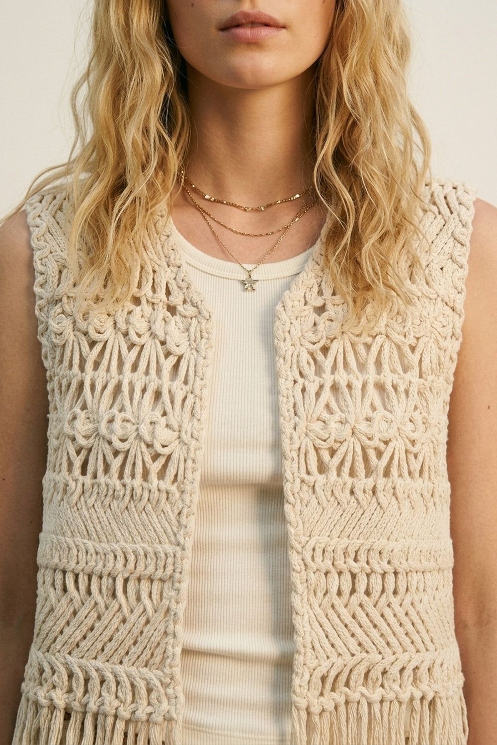 Cropped Fringe Open-Knit Vest - top