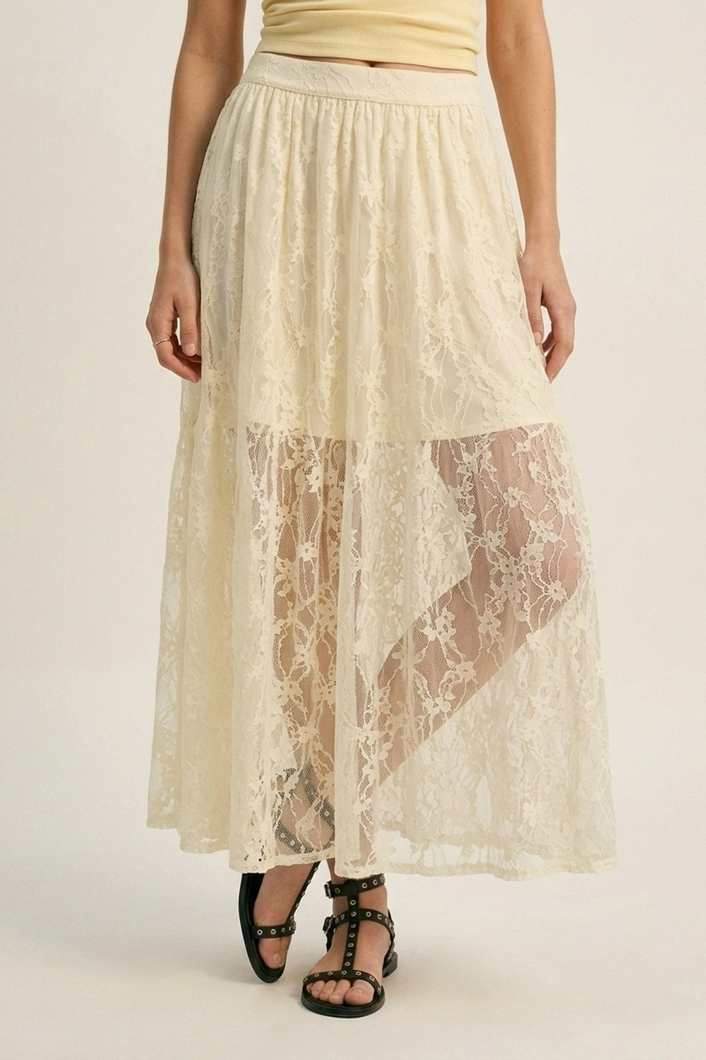 Cream Floral Lace fabric Maxi Skirt with Elastic Waist