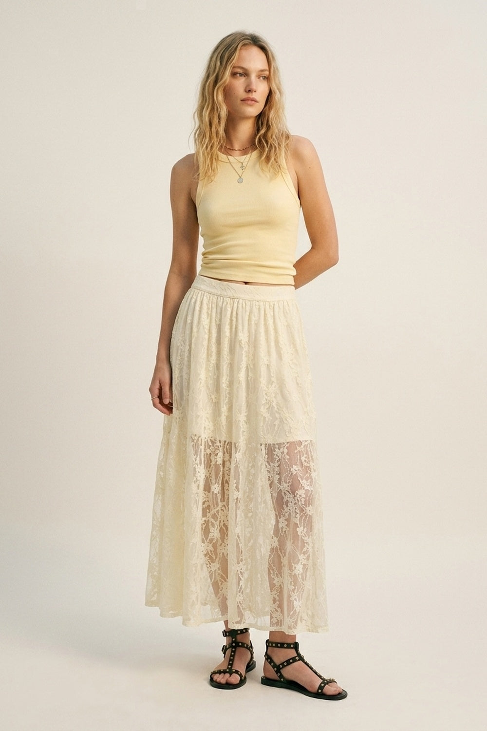 Cream Floral Lace fabric Maxi Skirt with Elastic Waist