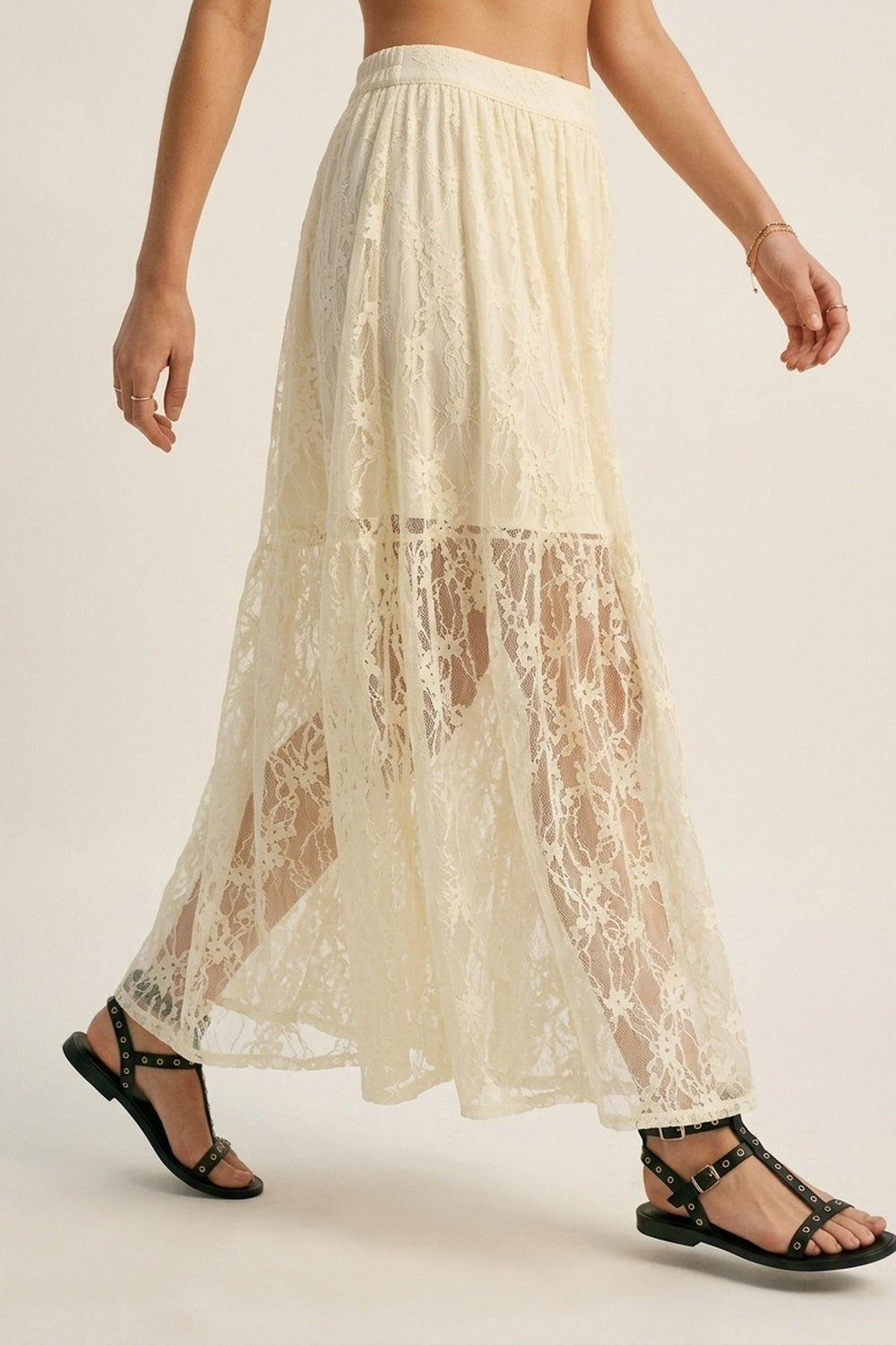 Cream Floral Lace fabric Maxi Skirt with Elastic Waist