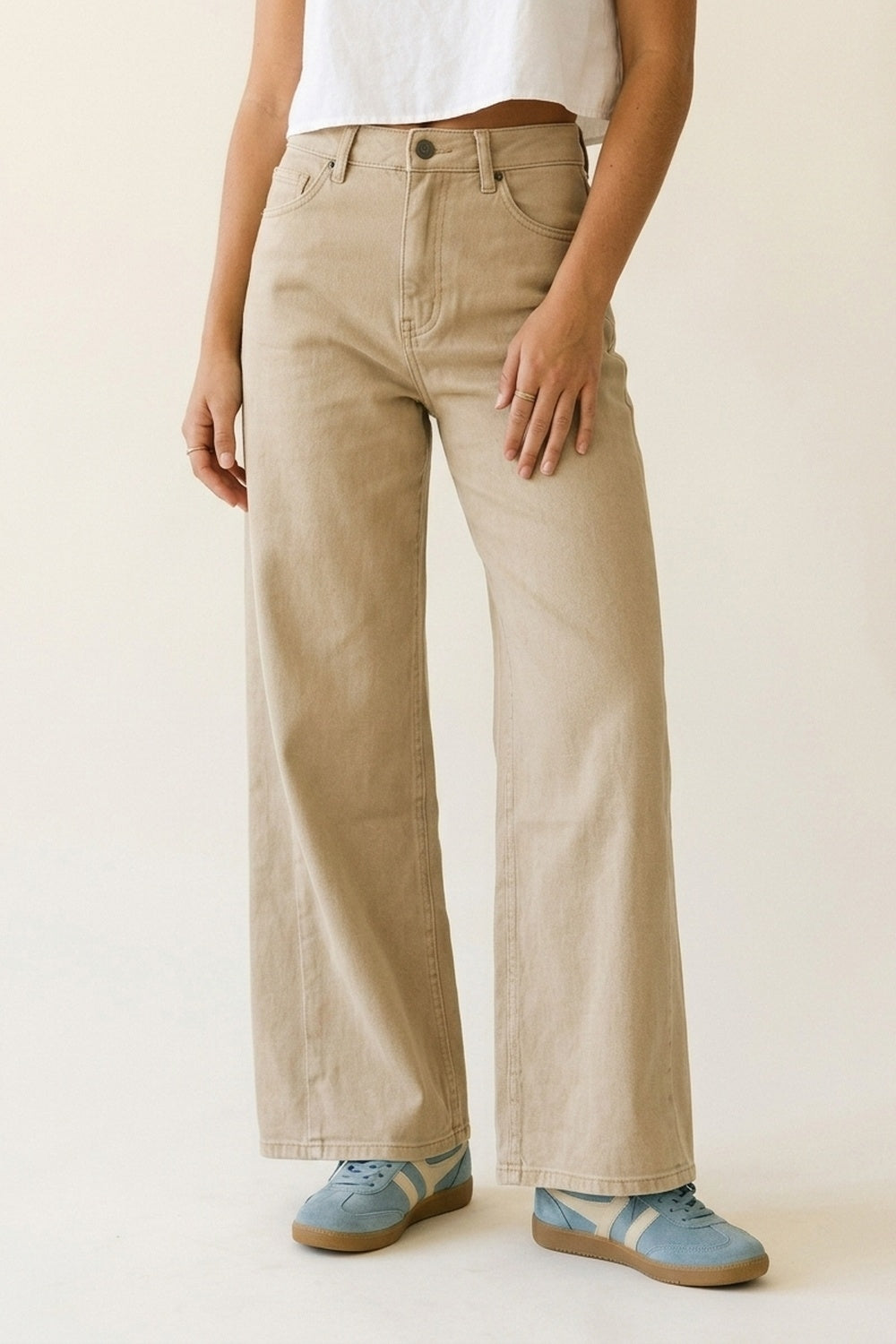 Beige Wide-Leg Casual Cotton Pants with 5 pockets - trousers