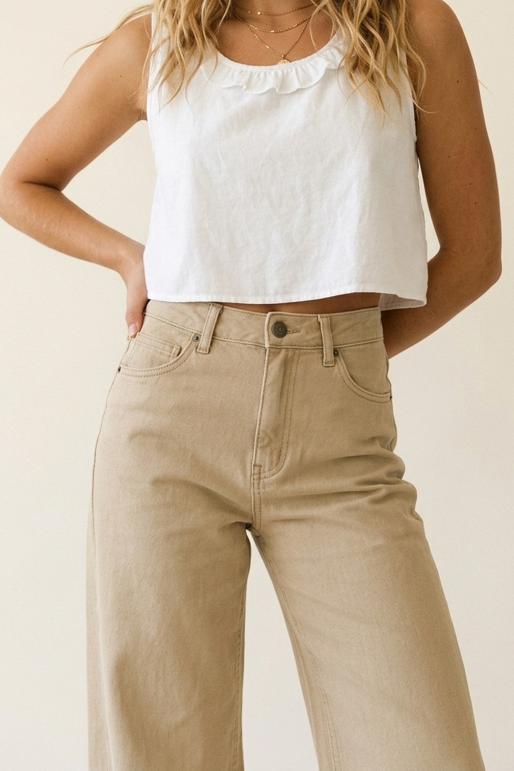 Beige Wide-Leg Casual Cotton Pants with 5 pockets - trousers