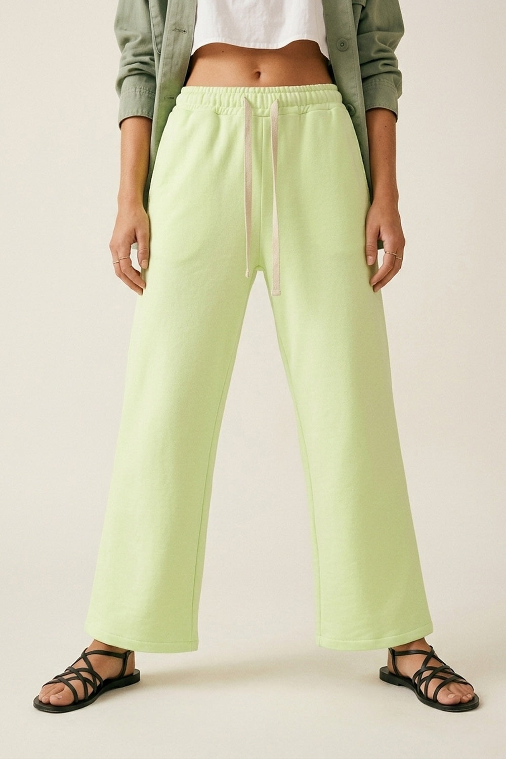 Green Knit Straiht Fit Sweatpants with elastic waist and Tie - trousers