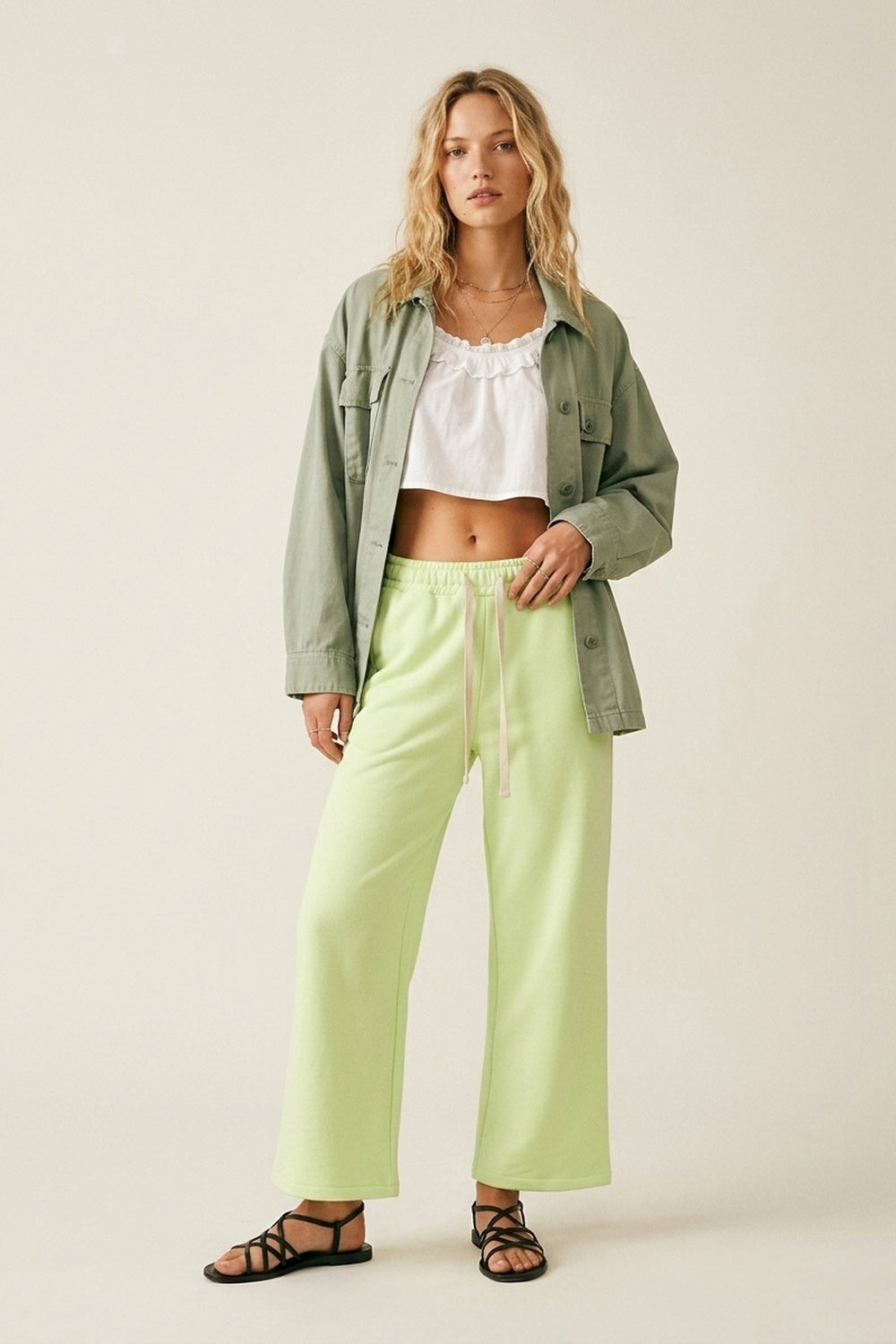Green Knit Straiht Fit Sweatpants with elastic waist and Tie - trousers