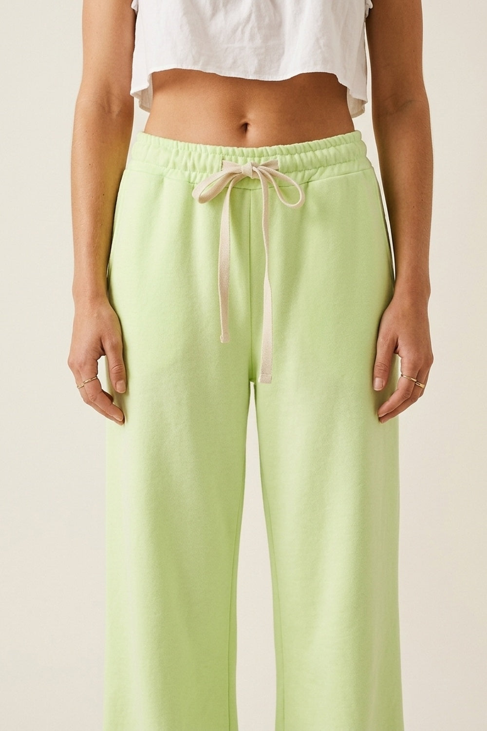 Green Knit Straiht Fit Sweatpants with elastic waist and Tie - trousers