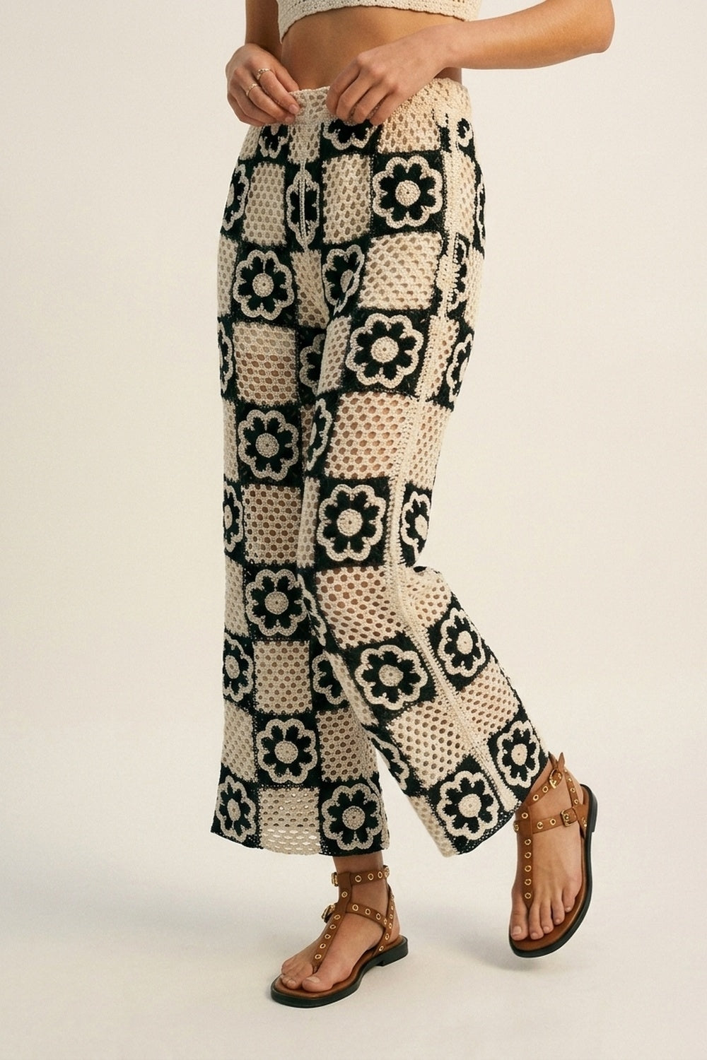 Black & Cream Crochet Patchwork flare-Leg Pants with Floral Motif - trousers