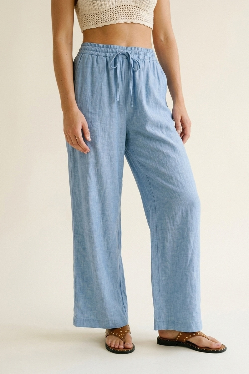 Light Blue Lightweight Crinkled Wide-Leg Pants with Elastic Waist - trousers