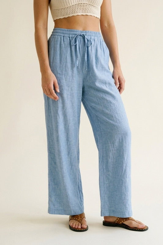 Light Blue Lightweight Crinkled Wide-Leg Pants with Elastic Waist - trousers