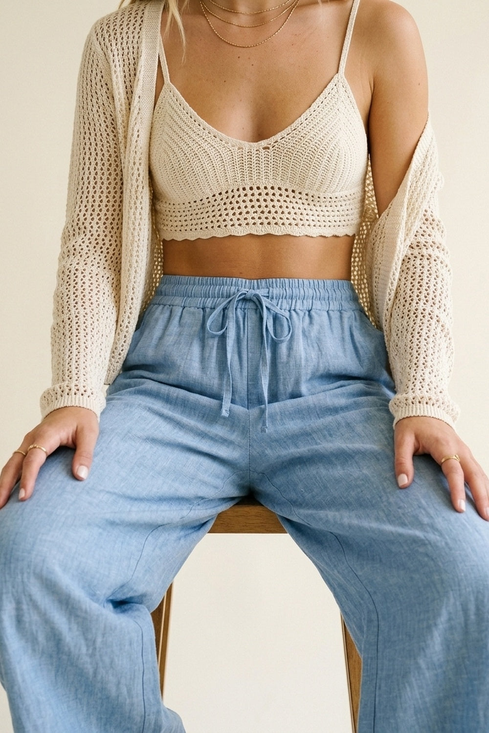 Light Blue Lightweight Crinkled Wide-Leg Pants with Elastic Waist - trousers