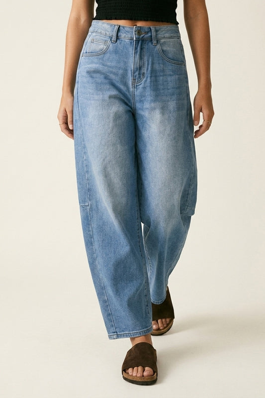 Light Blue Wide-Leg Relaxed Denim Jeans with side stitching - Denim